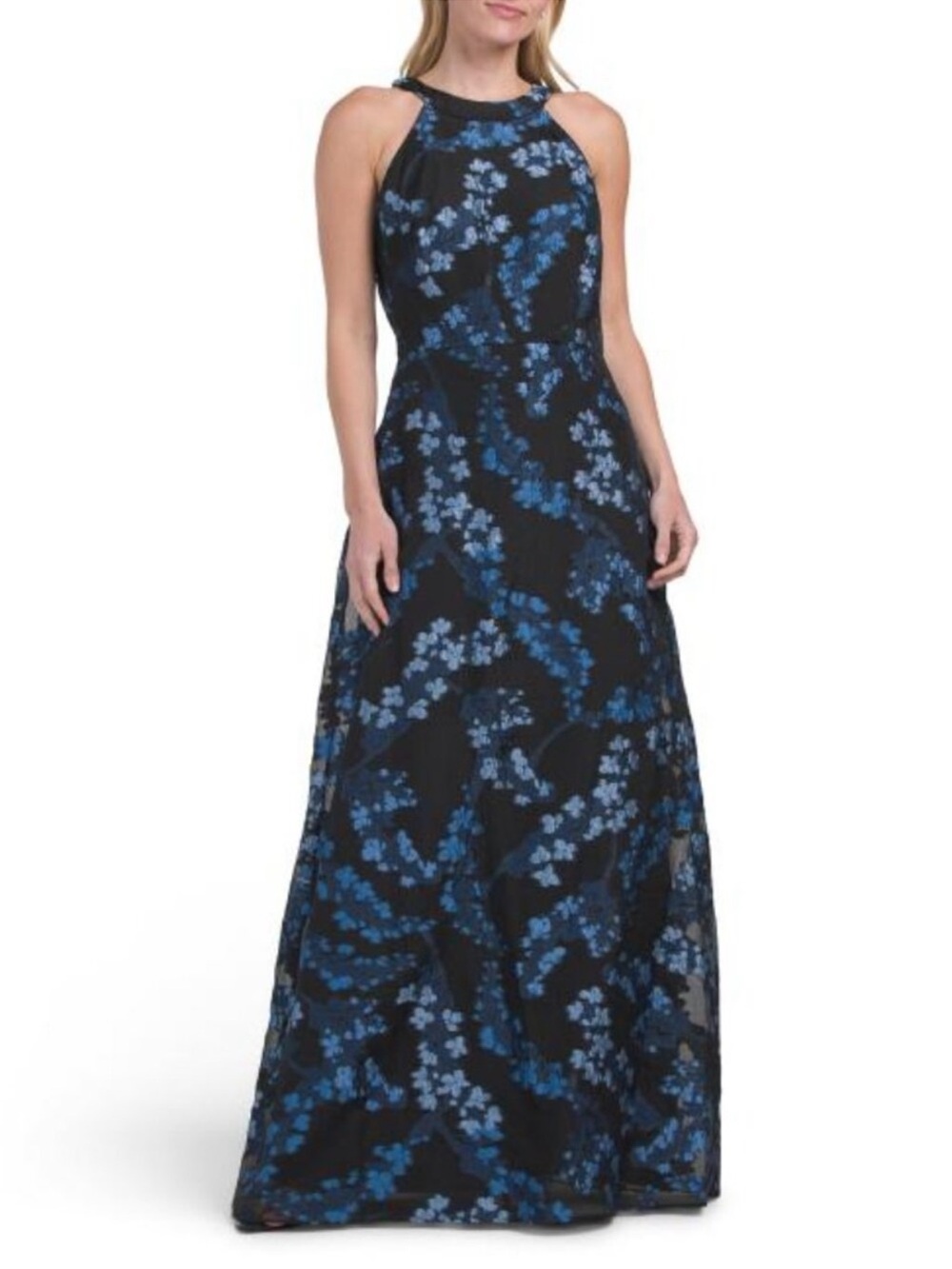 Sleeveless Blue Floral Brocade Evening Dress Size 4
